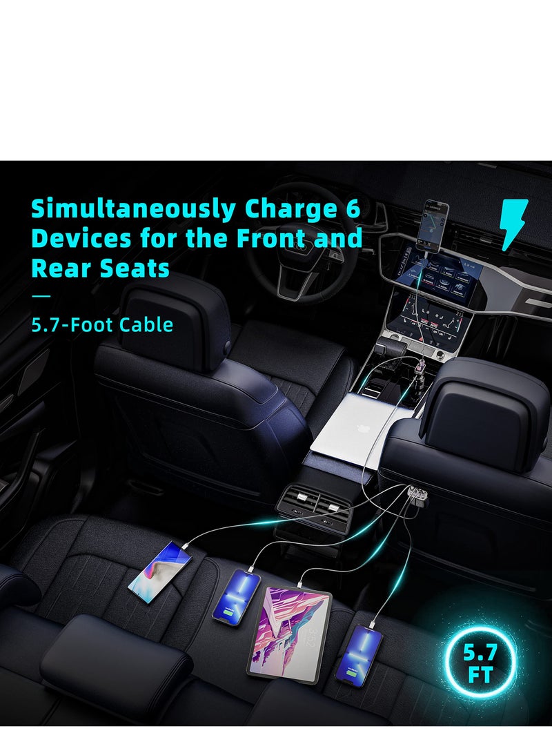 SYOSI 6 Multi Ports USB C Car Charger with PD/QC 3.0 Port, Compatible with 12-24V Vehicles, Max 103W Car Charger Adapter with 5.7FT Cable for Rear Seat Charging, Cigarette Lighter Splitter(Black) - Image 3
