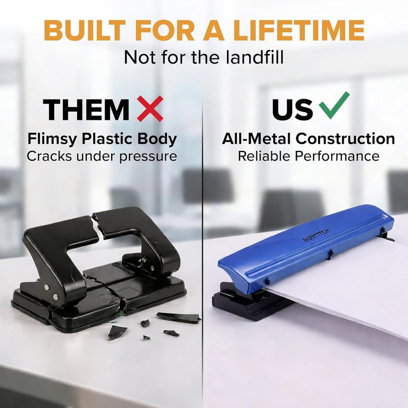 Bostitch 3-Hole Punch, 15 Sheet Capacity, Heavy Duty All-Metal Paper Punch, Non-Slip Base, Easy-Empty Chip Tray, 9/32" Holes, Fits Standard 3 Ring Binders, Office, School & Home, Blue - Image 4