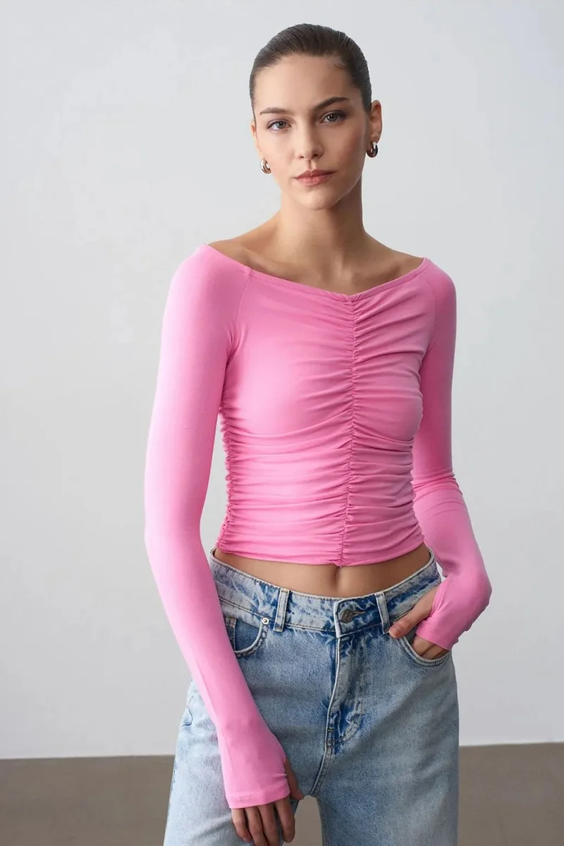 Dilvin Bright Pink DILVIN Off-Shoulder Crop Top Blouse for Women | Best Price UAE