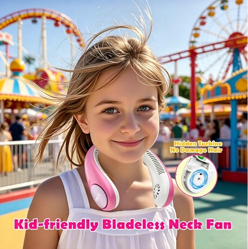 Kkdi Kids Neck Fan Portable Bladeless Neck Fan for Kids 414Y 2600mAh Rechargeable Wearable Fan for Girls Boys 4 Speeds Lightweight Quiet Cooling Fan for Study Camping Travel Summer Essential - Image 3