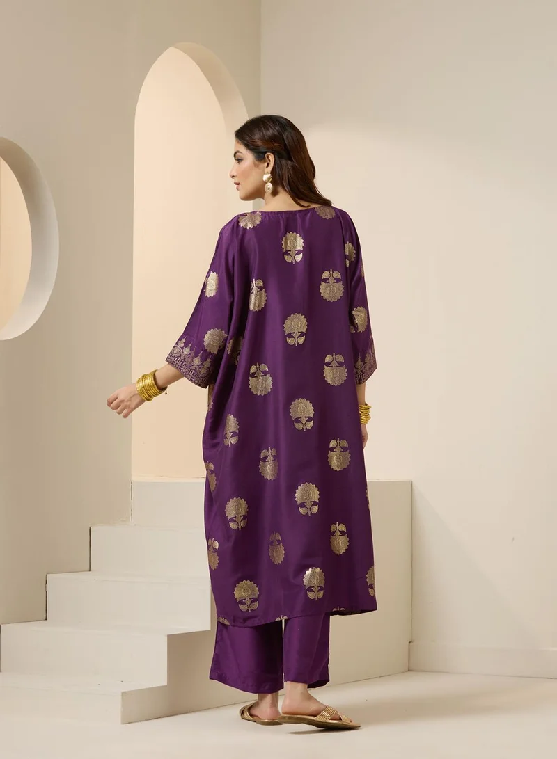 ISHIN Women's Purple Polyester Blend Embellished Tunic Full Length Palazzo Straight Fit Kurta Set