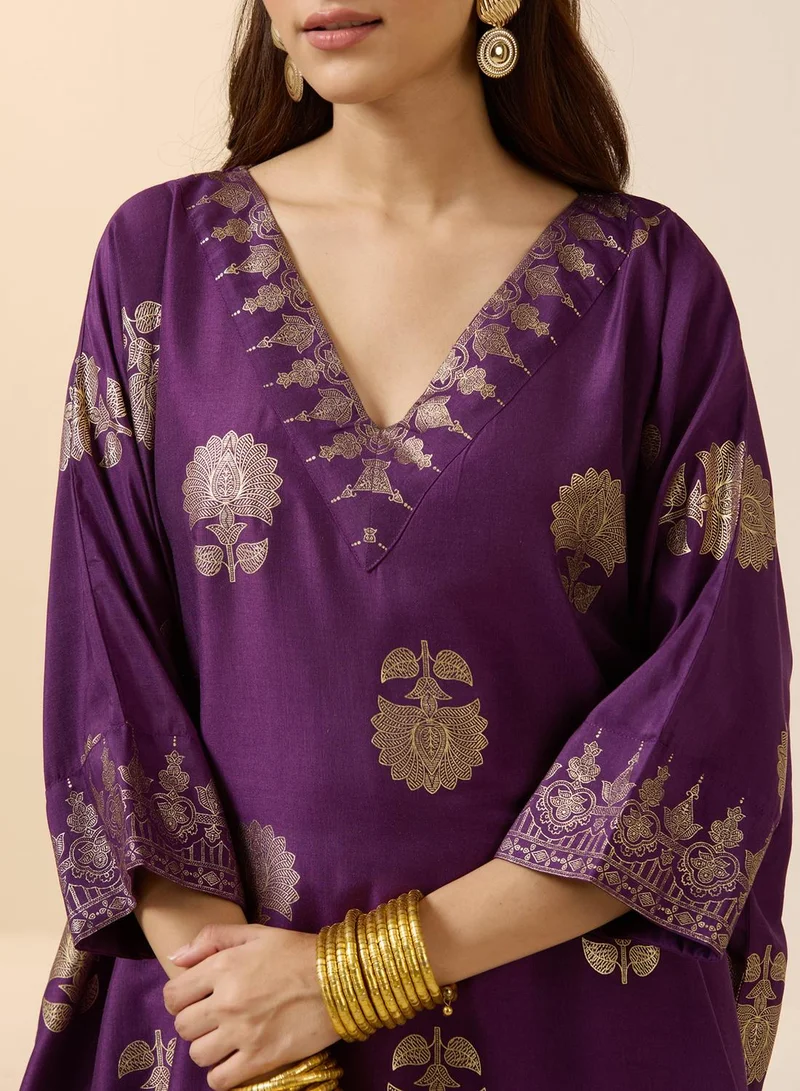 ISHIN Women's Purple Polyester Blend Embellished Tunic Full Length Palazzo Straight Fit Kurta Set