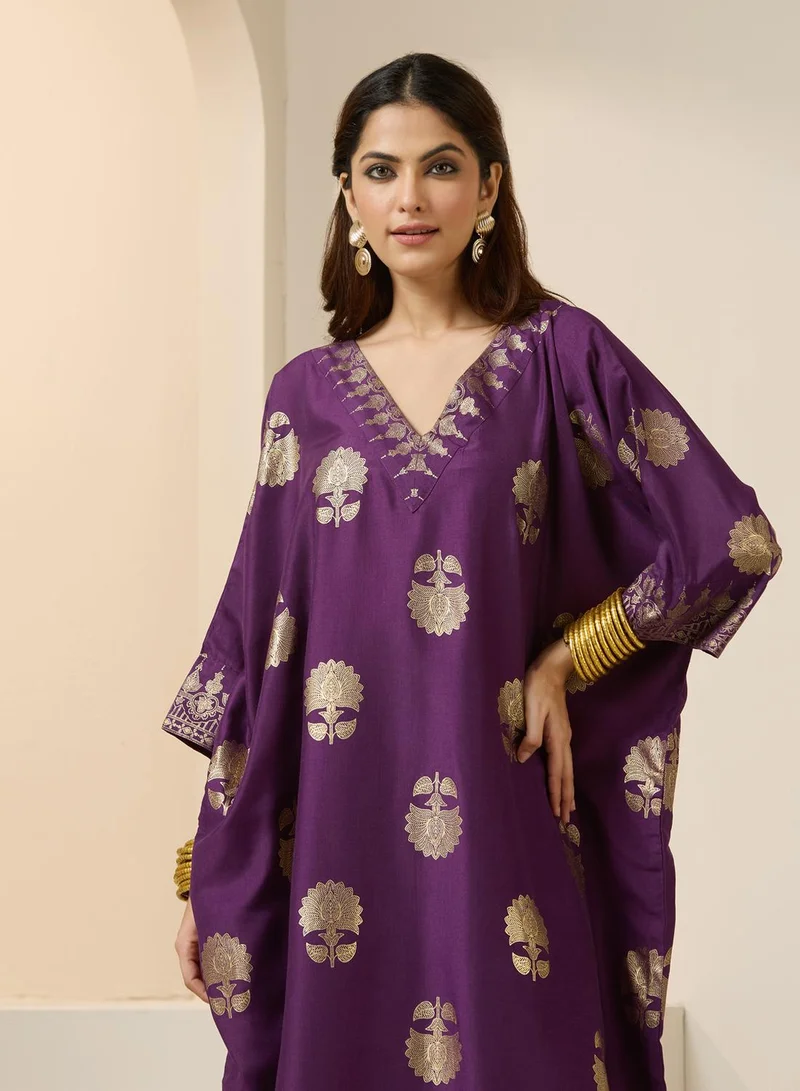 ISHIN Women's Purple Polyester Blend Embellished Tunic Full Length Palazzo Straight Fit Kurta Set