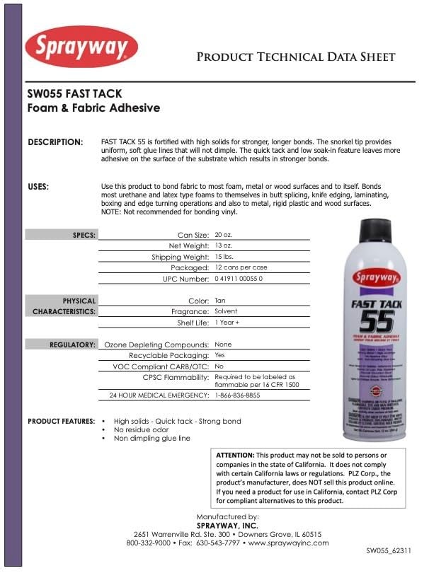 Sprayway SW055 Fast Tack Foam and Fabric Adhesive, 13 oz, 1 Pack - Image 2