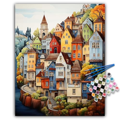 Camocin Paint by Numbers Kit for Adults Beginner Countryside Acrylic Adult Paint by Number Kits on Canvas Village Landscape Watercolor Oil Number Painting for Adults Perfect for Home Decor Gift 16x20 - Image 1