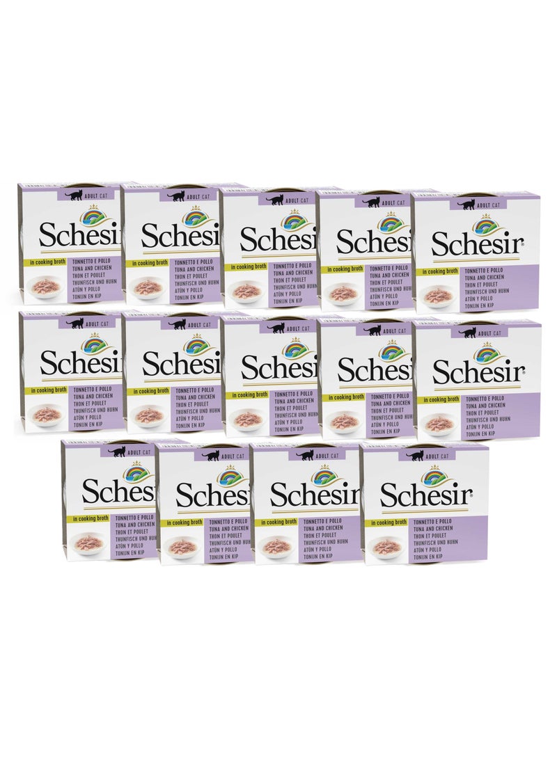 Schesir 14pcs Cat Can Broth-Wet Food Tuna with Chicken 14x70g - Image 1