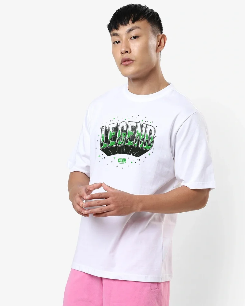 بيواكوف Men's White Legend Typography Oversized T-shirt
