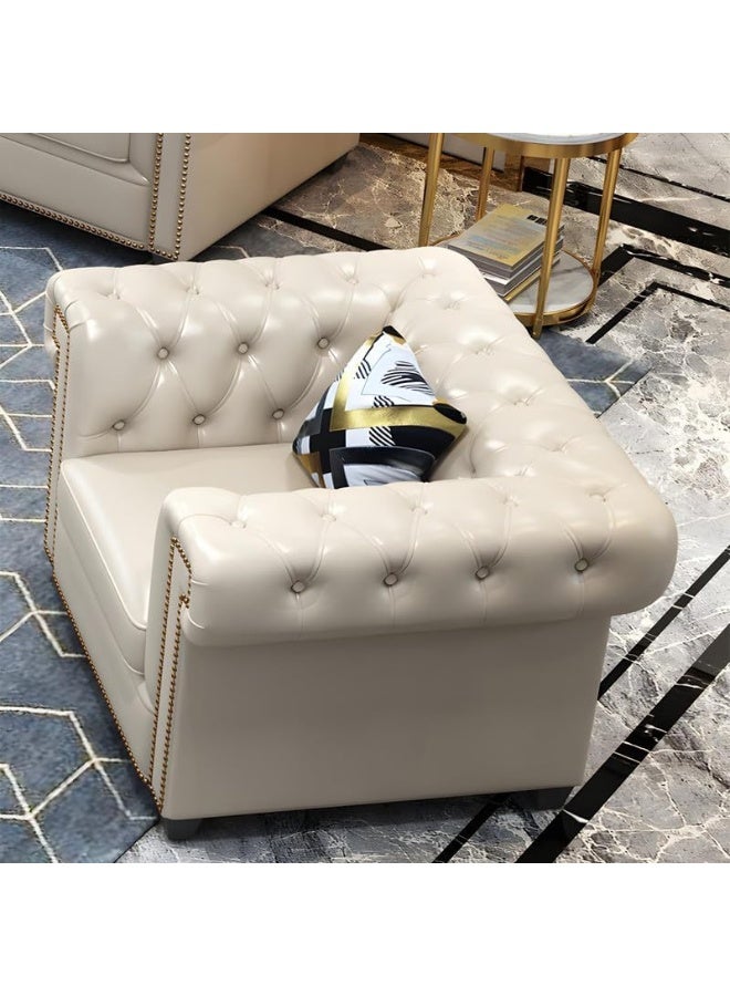 Comfynest Tufted Rolled Arm Chesterfield Sofa Faux Leather Beige Cushions Sofa-109.982 x 87.884 x 77.979 cm Off-White  - Image 1
