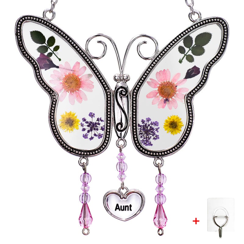 BOGDAN Butterfly Suncatcher with Pressed Flower Wings Mothers Day Butterfly Glass Wind Chime Ornament Charm with Metal Heart Happy Birthday Gifts for Aunt with Free Hook Aunt