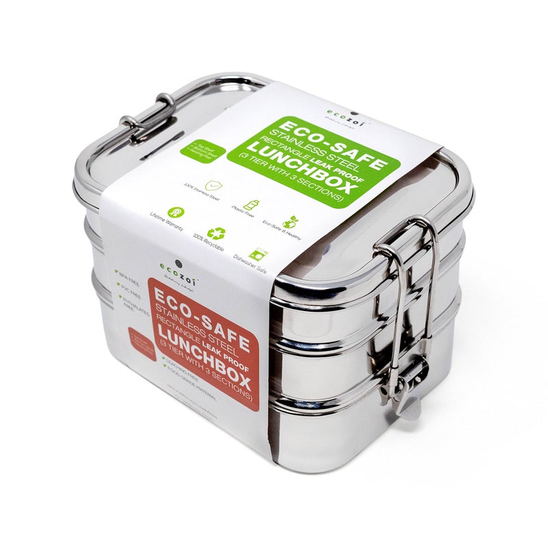 ecozoi Stainless Steel Lunch Box Leak Proof 3 Tier Rectangle with Bonus Pod 3 Sections Bonus Silicone Band to Convert to 3 Section Lunch Box for Portability