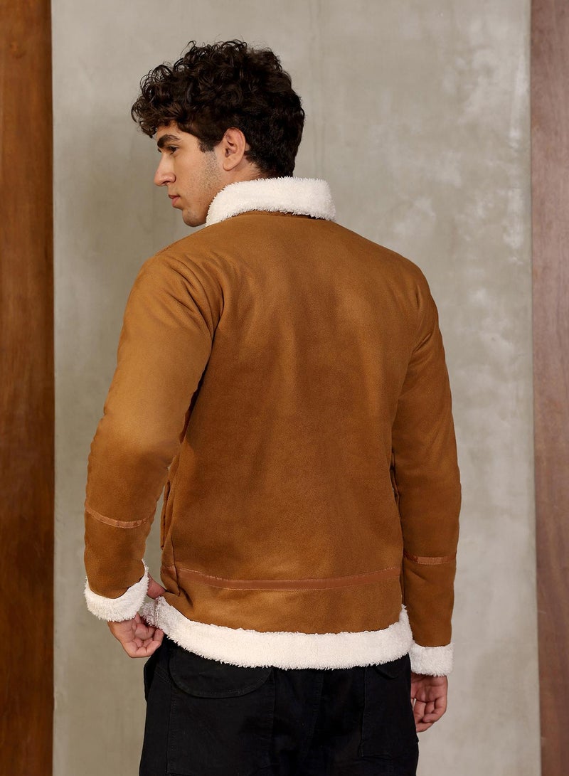 Campus Sutra Men's Tan Brown Contrast Sherpa-Lined Suede Biker Jacket - Image 5