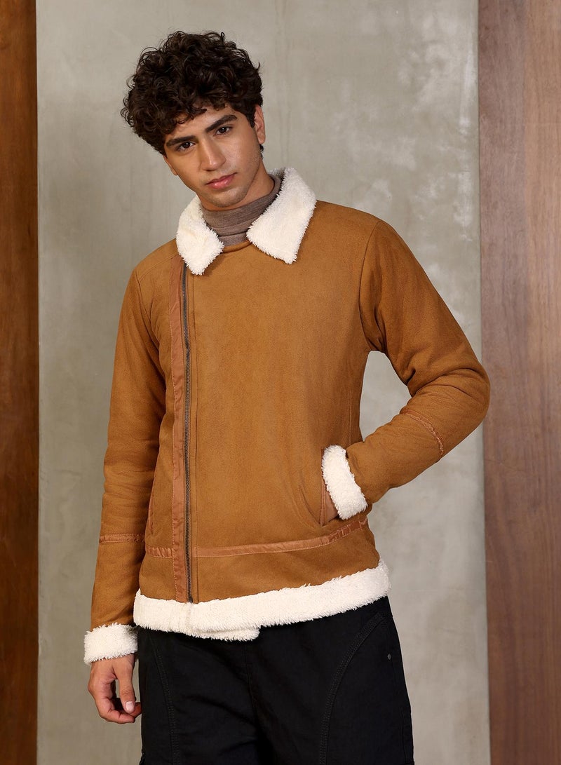 Campus Sutra Men's Tan Brown Contrast Sherpa-Lined Suede Biker Jacket - Image 2