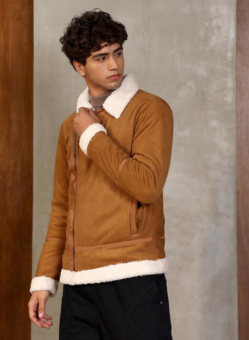 Campus Sutra Men's Tan Brown Contrast Sherpa-Lined Suede Biker Jacket - Image 3