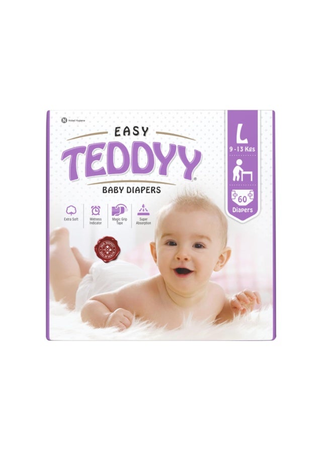 TEDDYY Easy Baby L Size Diaper Tape Style | 60 Count (Large) | 9-13 kgs (Pack of 1) | Quick Absorbency | Extra Super Soft | Anti - Bacterial | Wetness Indicator with Adjustable Grip Tapes