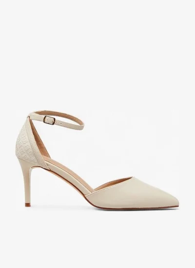 Flora Bella By Shoexpress Monogram Embossed Pointed Toe Shoes with Stiletto Heels and Buckle Closure