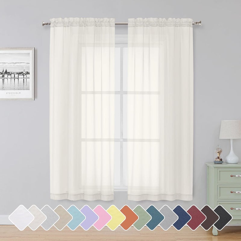 SimpleBrand Ivory Sheer Curtains 63 Inch Length 2 Panels, Rod Pocket Solid Color Window Sheer Curtain Panels, Elegant Curtains & Drapes for Living Room, Bedroom 2 Panels (Ivory, 2x42x120'') - Image 1