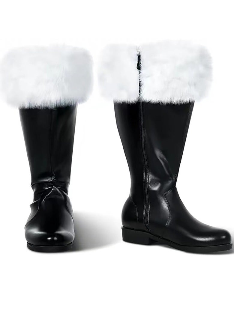 Loquat Christmas Santa Claus Boots Men's Wide Calf Santa Combat Boots with White Plush Cuffs for Halloween Christmas Costume Black  - Image 1