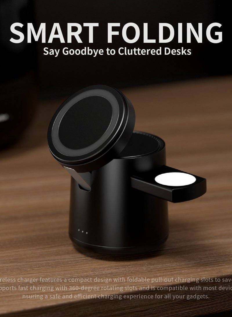 15W Magnetic Folding 3-in-1 Wireless Charger with MagSafe Stand - Compatible with iPhone 12-16 Series for Fast Charging and Convenient Use