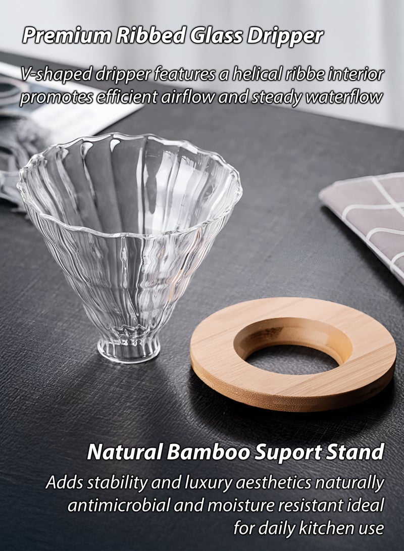 Toshionics 700ml Pour Over Coffee Maker Set T114662 – Glass Dripper with Bamboo Stand & Borosilicate Coffee Server | Manual Drip Brewer | V60 Style Cone Filter for Home & Café Brewing - Image 3