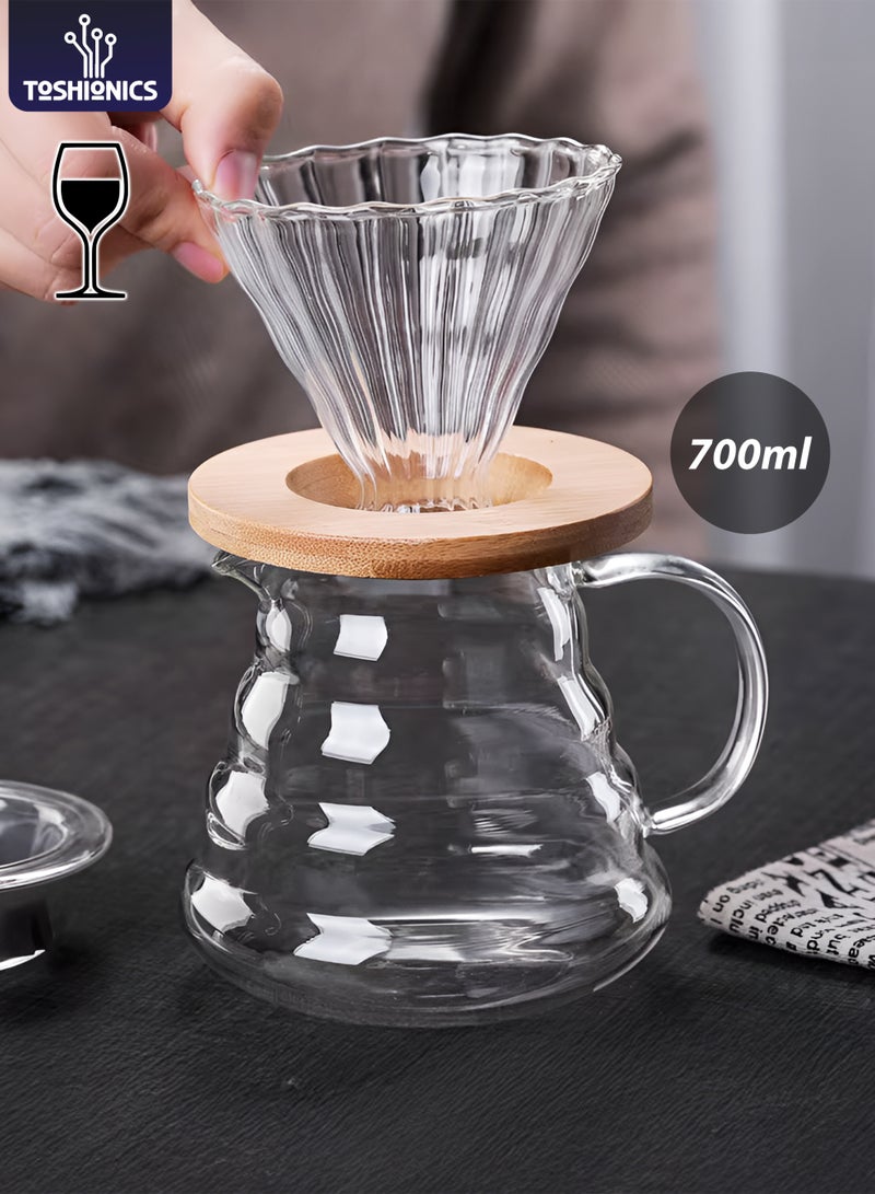 Toshionics 700ml Pour Over Coffee Maker Set T114662 – Glass Dripper with Bamboo Stand & Borosilicate Coffee Server | Manual Drip Brewer | V60 Style Cone Filter for Home & Café Brewing - Image 1