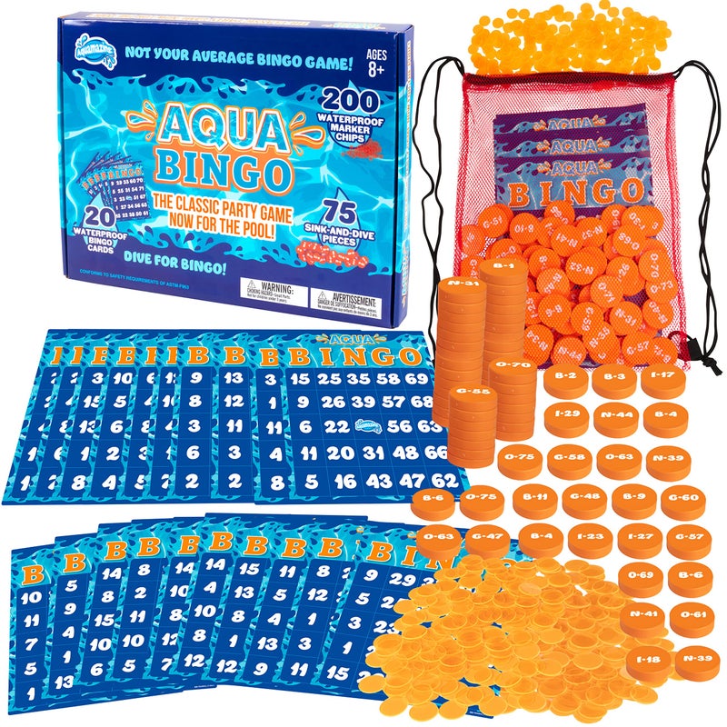 SCS Direct Aqua Pool Bingo Diving Game for Adults & Kids- Swim for & Call 75 Sinking Numbers, Fill Your Card To Win- Includes 200 Marker Chips, 10 Waterproof Play Cards, Fun Birthday Party Activity or Xmas Gift - Image 1