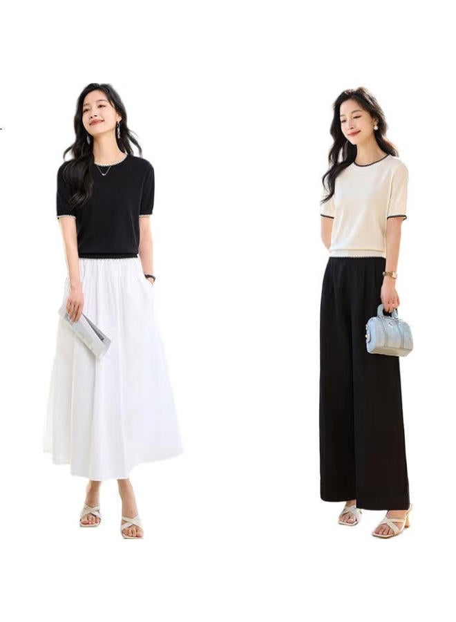 First Application Chushen Summer Knitted Short-Sleeve T-Shirt For Women, Fashionable Round Neck, Contrasting Color Design, Simple And Elegant Knitted Top, Base Layer, S52T025 - Image 2