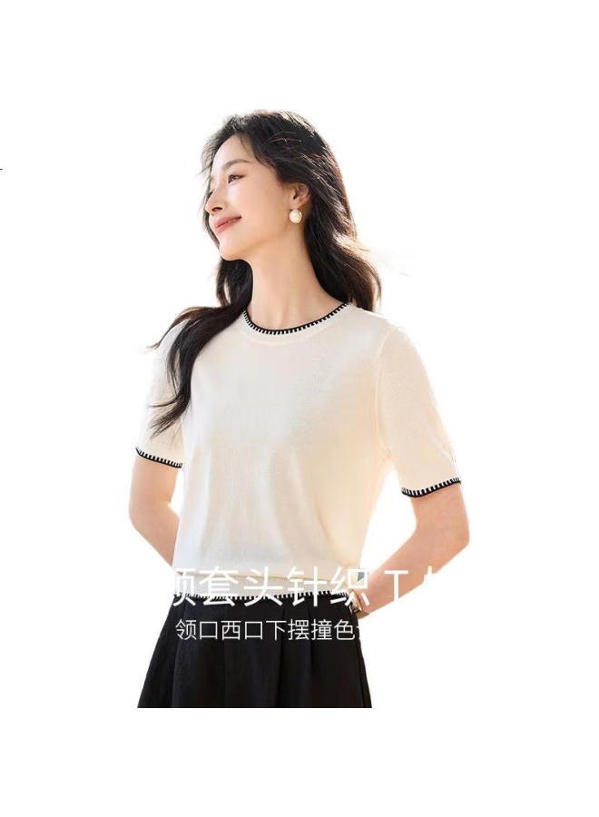 First Application Chushen Summer Knitted Short-Sleeve T-Shirt For Women, Fashionable Round Neck, Contrasting Color Design, Simple And Elegant Knitted Top, Base Layer, S52T025 - Image 1