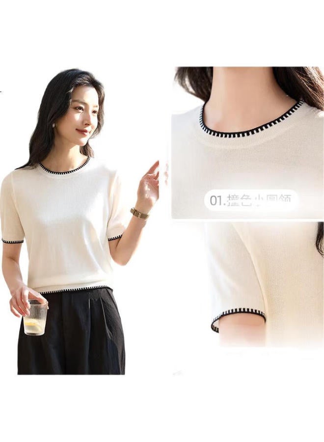 First Application Chushen Summer Knitted Short-Sleeve T-Shirt For Women, Fashionable Round Neck, Contrasting Color Design, Simple And Elegant Knitted Top, Base Layer, S52T025 - Image 3