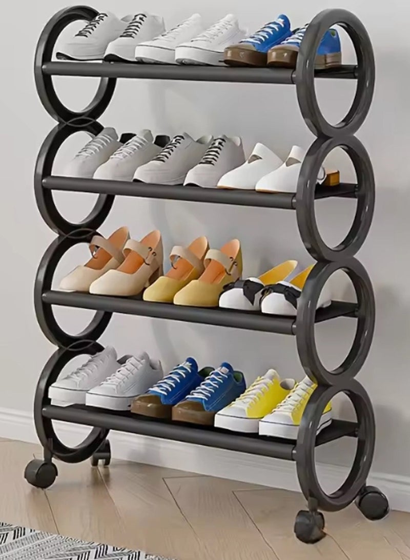 LINGWEI Shoe Rack with Lockable Wheels 61x73x20cm Round Design Shoe Storage Organizer Stand Black  - Image 1