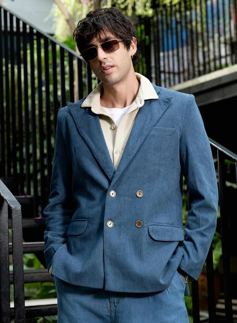 كامبوس سوترا بليزر رجالي مزدوج الصدر من الكوردروي بياقة مطوية وأكمام طويلة بأزرار مقسمة