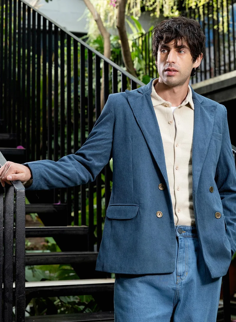 كامبوس سوترا بليزر رجالي مزدوج الصدر من الكوردروي بياقة مطوية وأكمام طويلة بأزرار مقسمة