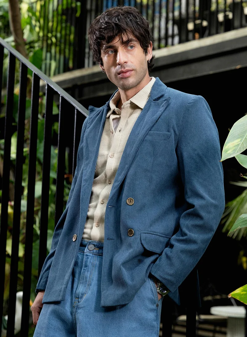 CAHOOT  Men Double-Breasted Corduroy Blazer | Lapel Collar, Long Split-Button Set-In Sleeves | Button , Back-Split Straight Hem | Solid Corduroy Woven Fabric For Casual & Evening Wear | Aegean Blue for Men | Best Price UAE