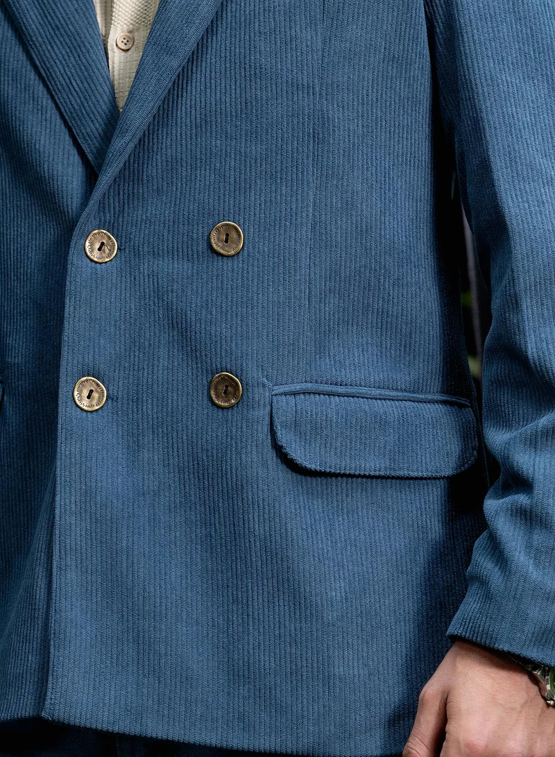 CAHOOT  Men Double-Breasted Corduroy Blazer | Lapel Collar, Long Split-Button Set-In Sleeves | Button , Back-Split Straight Hem | Solid Corduroy Woven Fabric For Casual & Evening Wear | Aegean Blue for Men | Best Price UAE