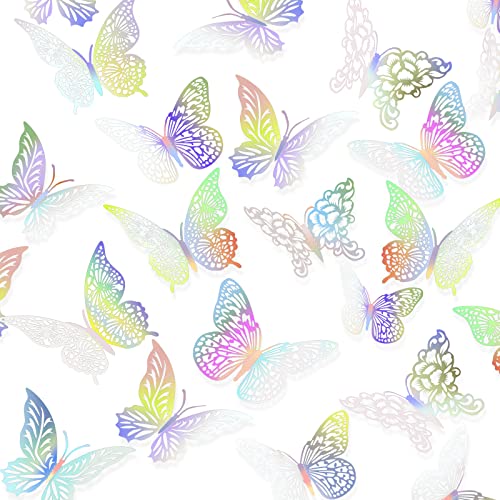 XUNXMAS 3D Gold Butterfly Wall Decor 3 Sizes 4 Styles Butterfly Party Decorations Cake Decorations Removable Stickers Wall Decor Room Mural Metallic Kids (Laser Colored, 96Pcs) - Image 1