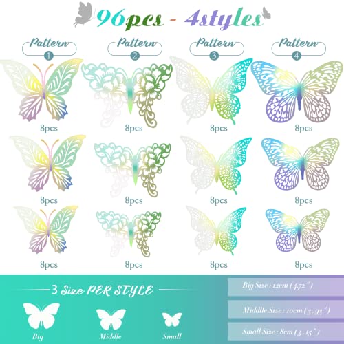 XUNXMAS 3D Gold Butterfly Wall Decor 3 Sizes 4 Styles Butterfly Party Decorations Cake Decorations Removable Stickers Wall Decor Room Mural Metallic Kids (Laser Colored, 96Pcs) - Image 2