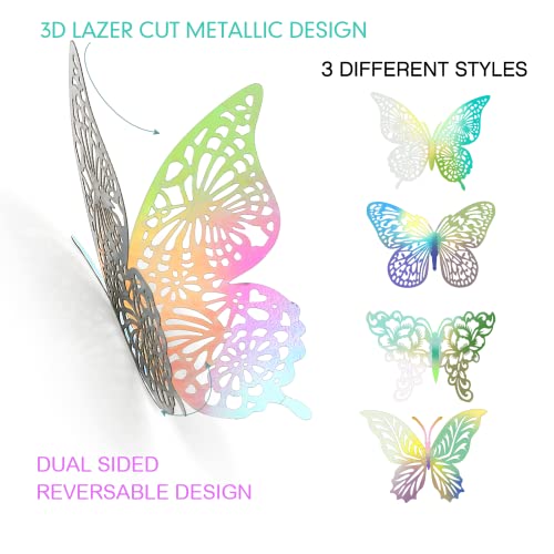 XUNXMAS 3D Gold Butterfly Wall Decor 3 Sizes 4 Styles Butterfly Party Decorations Cake Decorations Removable Stickers Wall Decor Room Mural Metallic Kids (Laser Colored, 96Pcs) - Image 3