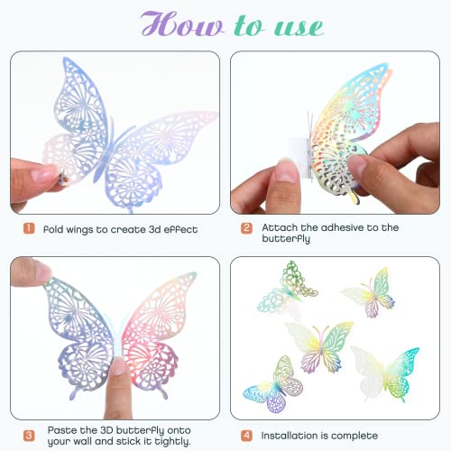 XUNXMAS 3D Gold Butterfly Wall Decor 3 Sizes 4 Styles Butterfly Party Decorations Cake Decorations Removable Stickers Wall Decor Room Mural Metallic Kids (Laser Colored, 96Pcs) - Image 4