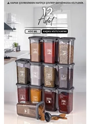 Kitchen Life 12-Piece Spice Jar Set with Azure Label and Self-Spoon - Spice Jar Set