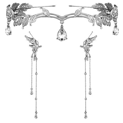 Glenmal 3 Pcs Elf Ear Cuffs and Crown Halloween Rhinestone Leaf Headband Fairy Ear Cuffs Princess Cosplay Costume for Women (Silver,Medium) - Image 1