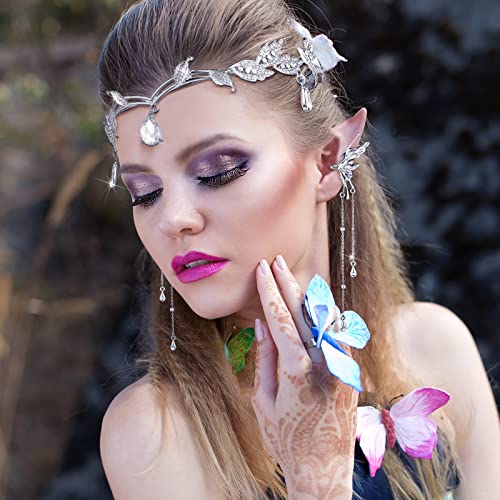 Glenmal 3 Pcs Elf Ear Cuffs and Crown Halloween Rhinestone Leaf Headband Fairy Ear Cuffs Princess Cosplay Costume for Women (Silver,Medium) - Image 2