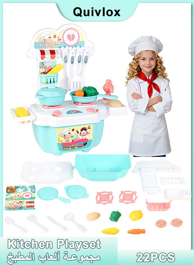 Quivlox Kitchen Playset, 22 PCS Kitchen Accessories Set Toy, Realistic Play Kitchen Toy, Pretend Play Kitchen Set, Mini Kitchen Set, Cooking Toy Set with Toy Food & Cookware Accessories, Pretend Play Food Toys for 3+ Year Old Boys and Girls,Blue - Image 1