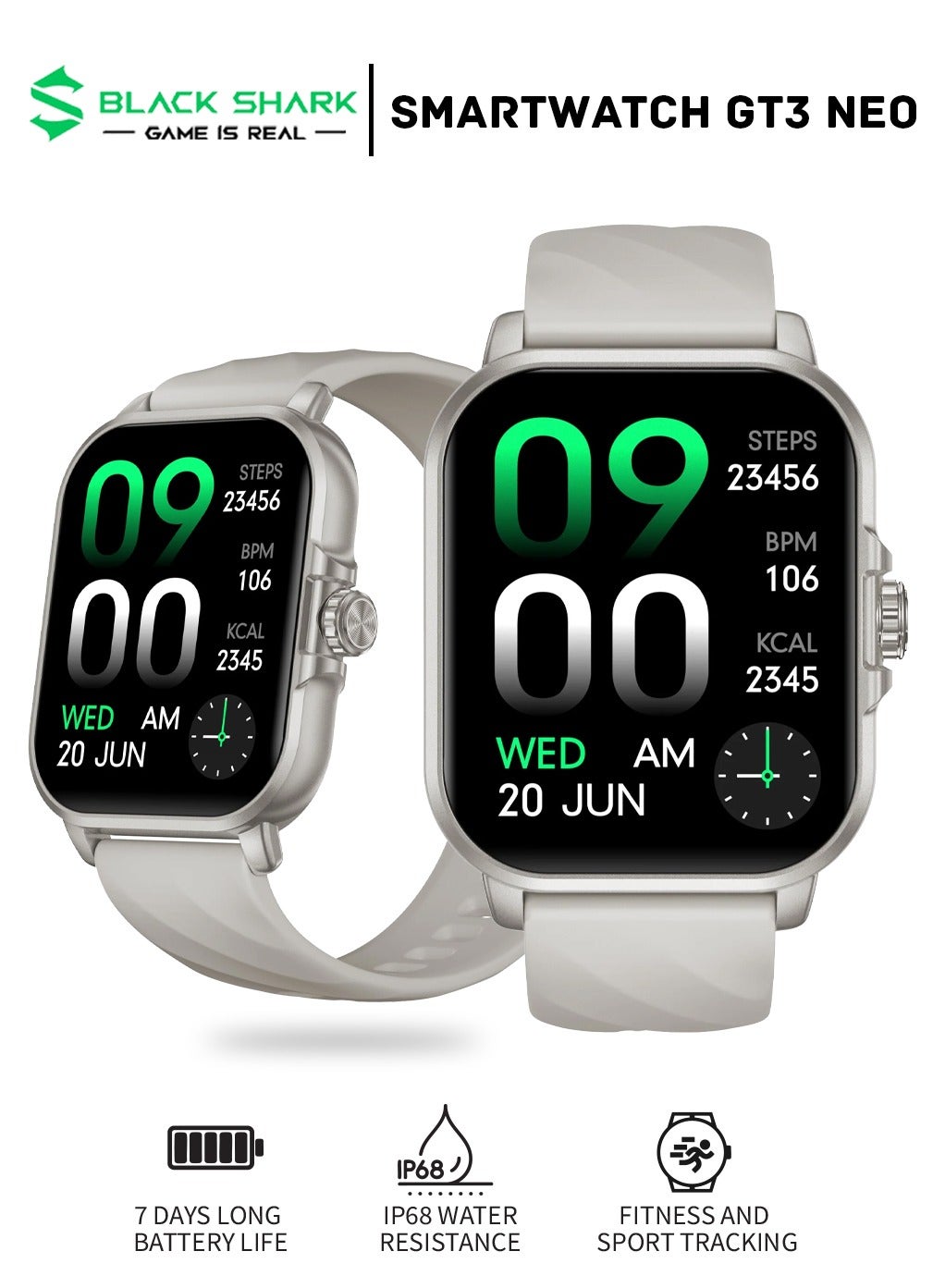 BLACK SHARK GT3 Neo Smartwatch With 2.01-inch Display, 7 Days Long Battery Life, IP68 Water and Dust Resistant, 100 Sport Modes & Tracks Health Metrics - Silver