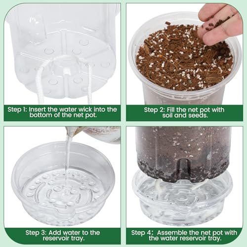 Bluepro 20 Pack 5 Inch Clear Self Watering Plant Pots with Bottom Water Tray & Watering Rope, Transparent Nursery Pots with Drainage for Seedlings, Herbs, and Houseplants - Image 3