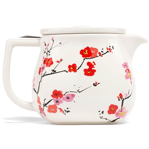 Tea Forte Ceramic Teapot with Removable Stainless Steel Infuser Basket and Lid Steeps 24 oz Loose Leaf Tea Dishwasher Microwave Safe Sakura Cherry Blossom - Image 1