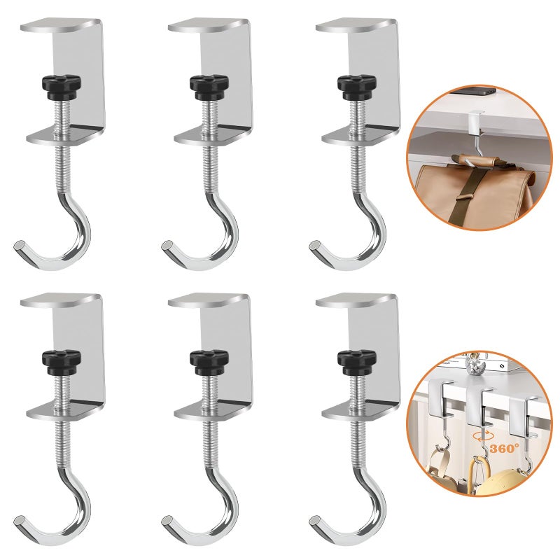 Vinommart 6 Pcs Adjustable Table Hooks for Hanging Bags Heavy Duty Metal Backpack Hooks for Desk