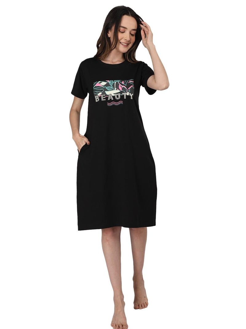 Duchess For Women Cotton Printed Knee Length Nighty, Black, Medium - Image 1