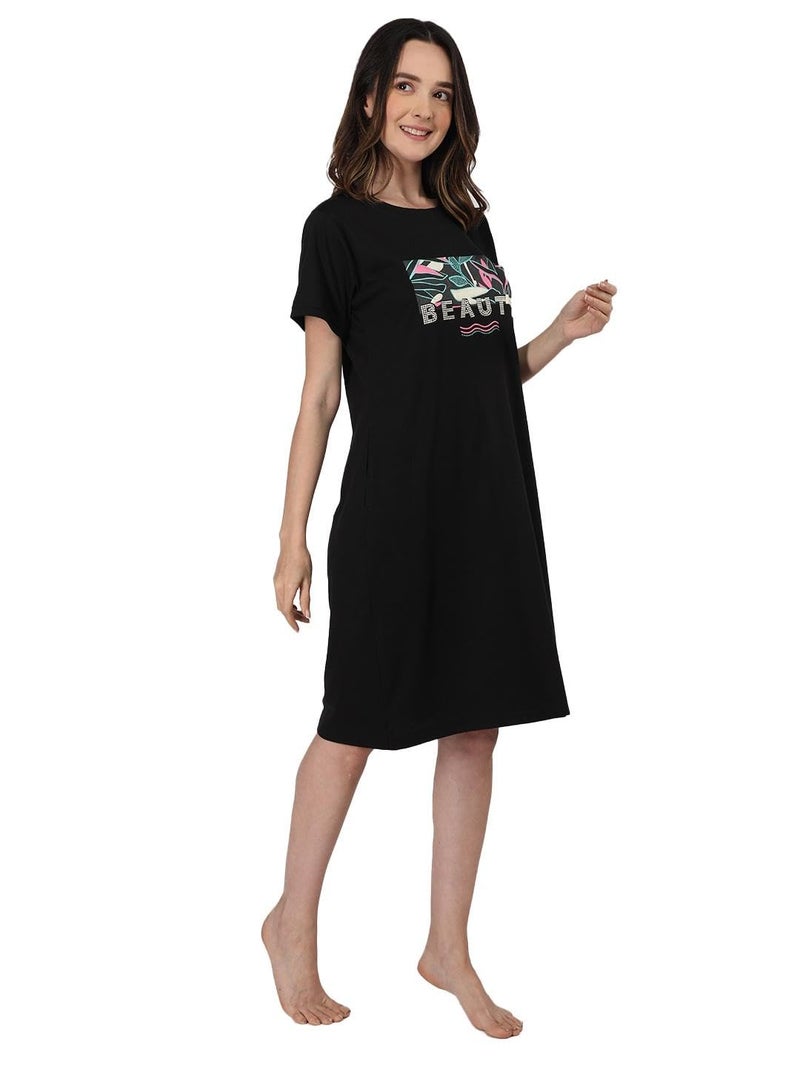 Duchess For Women Cotton Printed Knee Length Nighty, Black, Medium - Image 4