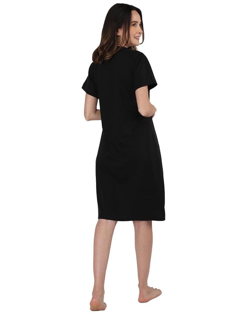 Duchess For Women Cotton Printed Knee Length Nighty, Black, Medium - Image 3