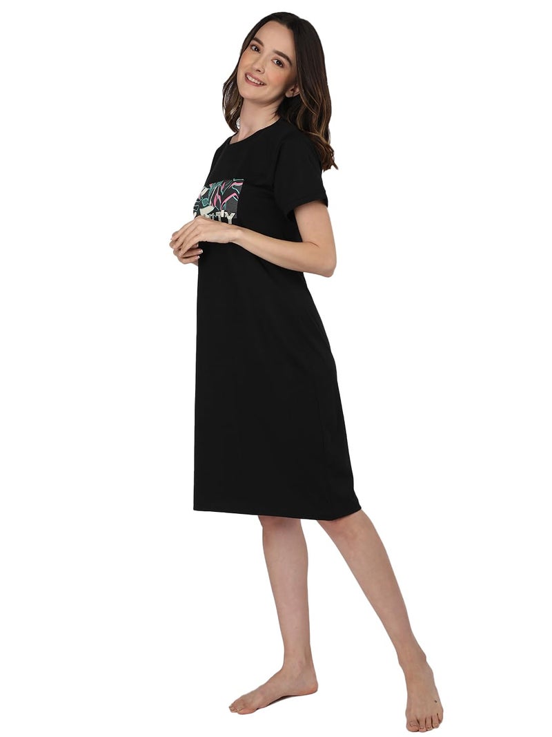 Duchess For Women Cotton Printed Knee Length Nighty, Black, Medium - Image 5