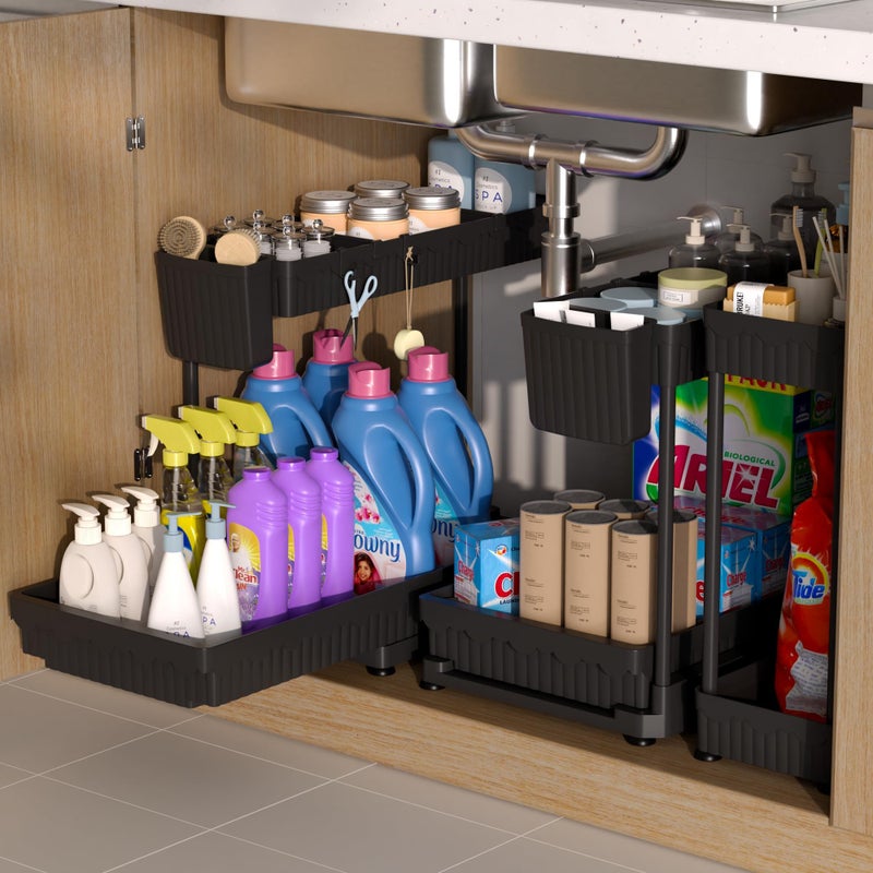 Sevenblue 3 Pack MultiPurpose Under Sink Organizers and Storage 2025 LShaped Pull Out Cabinet Organizer for Bathroom  Kitchen Under Cabinet Organizer with Hooks Hanging Cup Black